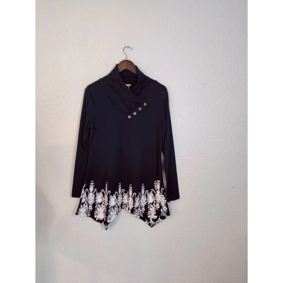 SeSe Code Black & White Long Sleeve Asymmetric Floral Longline Tunic Top Size M - Picture 6 of 10